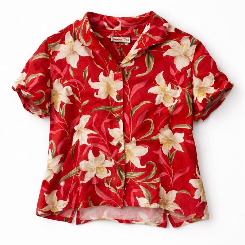 Tropical Floral Hawaiian Cabana Cropped Shirt Beach Vacation women sz L cruise